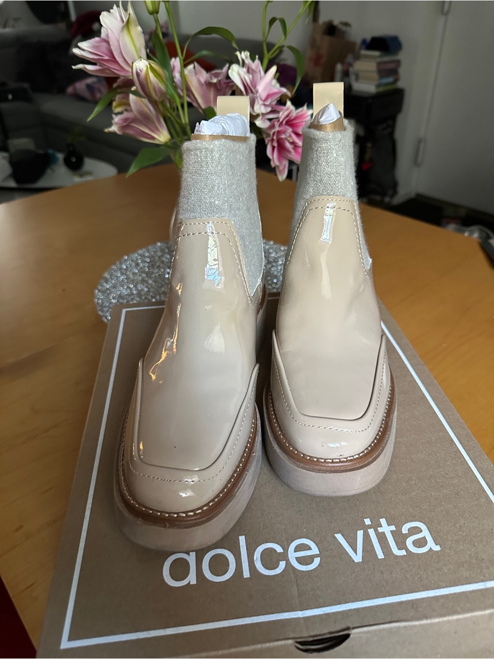 SUPER comfy Dolce Vita Patent & Knit Platform Ankle Boots - Picture 7 of 8